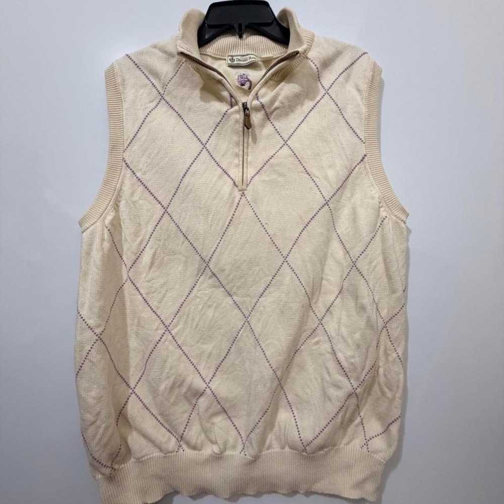Donald Ross Men's L Cotton Argyle 1/4 Zip Mock Neck Sweater Vest Beige/Purple